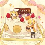  1girl :d aqua_eyes blonde_hair blueberry bow cake chibi eating fang food food_on_face fruit hair_bow hair_ornament hairclip happy_birthday headphones honey0x0x0 kagamine_len kagamine_rin open_mouth shorts siblings smile standing star strawberry twins usamito vocaloid 