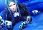  aoao39 bangs blue blue_background blue_eyes blue_hair card cosplay crossover fate/zero fate_(series) formal gloves igor igor_(cosplay) long_hair lord_el-melloi_ii male motion_blur namesake parody parted_bangs persona persona_3 pun solo suit velvet_room waver_velvet white_gloves 