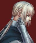  armor bedivere blonde_hair blue_eyes braid cape earrings fate/stay_night fate_(series) french_braid gauntlets hand_on_own_face jewelry kanmuri_(hanyifan30338) male red_background simple_background solo twintails 