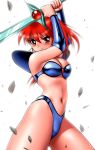  armor asagiri_youko bikini_armor breasts brown_eyes cleavage d-2girls earrings genmu_senki_leda hindenburg jewelry knee_pads leda leda_the_fantastic_adventure_of_yohko long_hair navel purple_eyes red_eyes red_hair redhead shingyouji_tatsuya shoulder_pads side_ponytail solo standing sword weapon yohko 