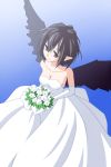  bare_shoulders black_hair black_wings bouquet breasts cleavage dress elbow_gloves female flower formal gloves pointy_ears seren_(staphy) shameimaru_aya short_hair smile solo strapless strapless_dress touhou wedding_dress wings 