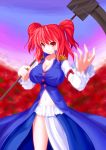  adapted_costume asamura_hiori bleach blush breasts cleavage hair_bobbles hair_ornament highres large_breasts navel onozuka_komachi red_eyes red_hair redhead scythe short_twintails skirt smirk solo swastika touhou twintails two_side_up 