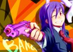  absurdres animal_ears bunny_ears bust cublove english foreshortening grin gun highres lavender_hair long_hair multiple_ears necktie pistol purple_hair red_eyes reisen_udongein_inaba smile solo touhou weapon wink 