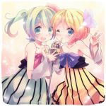  bad_id bare_shoulders blonde_hair blue_eyes bow colorful_x_melody_(vocaloid) detached_sleeves dress finger_to_mouth flower green_hair hair_bow hair_flower hair_ornament hatsune_miku kagamine_rin microphone microphone_stand multiple_girls non_(hey_you!) open_mouth ousaka_nozomi project_diva project_diva_2nd striped striped_dress twintails vocaloid wink 