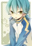  :3 :o androgynous aqua_hair border inazuma_eleven inazuma_eleven_(series) inazuma_eleven_go izumi39 kariya_masaki male solo track_suit twintails v_arms yellow_eyes 