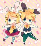  1girl animal_ears bad_id blonde_hair blue_eyes bow brother_and_sister bunny_ears chibi diagonal_stripes hair_ornament hairclip kagamine_len kagamine_rin non_(hey_you!) on_one_foot ousaka_nozomi siblings skirt standing_on_one_leg star striped striped_background striped_legwear thigh-highs thighhighs twins vocaloid wink 