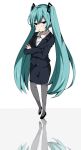  :t aqua_eyes aqua_hair crossed_arms formal hatsune_miku long_hair looking_at_viewer nekoame pantyhose simple_background skirt skirt_suit solo suit twintails very_long_hair vocaloid 