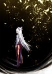  black_background bow dark eclps feathers fujiwara_no_mokou hair_bow long_hair pants silver_hair solo standing touhou 