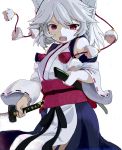 animal_ears detached_sleeves fangs highres inubashiri_momiji japanese_clothes kinohanaomise kourindou_tengu_costume looking_at_viewer obi open_mouth scabbard sheath silver_hair simple_background solo sword tassel touhou weapon white_background wolf_ears 