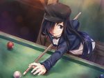  alternate_costume bent_over billiards black_hair cabbie_hat casual cue_ball cue_stick dutch_angle game_cg hair_over_one_eye hat ikezawa_hanako katawa_shoujo long_hair playing_games pool_cue pool_table purple_eyes scar screencap solo violet_eyes 