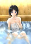  amagami ameyoshi bathing black_hair blue_eyes blush highres light_smile naked_towel nanasaki_ai onsen short_hair towel 
