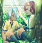  aqua_hair brown_eyes brown_hair character_request fence hand_on_head inazuma_eleven inazuma_eleven_(series) inazuma_eleven_go izumi39 kurama_norihito lightning_bolt male minamisawa_atsushi multiple_boys raimon shorts sitting smile soccer_uniform tree yellow_eyes 