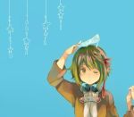  bad_id blue_background goggles goggles_around_neck green_hair gumi hair_ribbon high_heels non_(hey_you!) ousaka_nozomi ribbon shoe_on_head shoes simple_background single_shoe solo star vocaloid wink yellow_eyes 