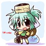  :d blush_stickers brown_eyes chibi food green_hair holding ikkyuu lotte_pie object_on_head open_mouth personification skirt smile solo standing tail two_side_up 