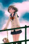  bob_cut bow brown_eyes brown_hair cloud dog leaning leash light_smile looking_afar naotan original pleated_skirt railing school_uniform serafuku short_hair skirt sky smile solo star_(sky) starry_sky wind 