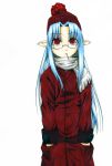  bespectacled blue_hair bobblehat glasses hands_in_pockets hat kohuseigetsu len long_hair melty_blood mouth_hold pointy_ears red_eyes scarf solo traditional_media tsukihime type-moon winter_clothes 