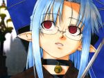  adult bell bell_collar bespectacled blue_hair close-up collar face glasses kohuseigetsu len lips long_hair melty_blood pointy_ears red_eyes solo tsukihime type-moon umbrella 