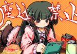  barefoot blush can eating green_eyes green_hair houraisan_kaguya long_hair lying mouth_hold nintendo_3ds nintendo_ds on_front on_stomach playing_games pocky potato_chips solo stylus suzu_(suzuko) touhou translated translation_request 