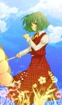  aoi_(annbi) ascot cloud dress green_hair holding kazami_yuuka plaid plaid_dress plaid_vest red_eyes sky solo touhou umbrella youkai 