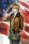  america_(hetalia) america_(hetalia)_(cosplay) american_flag axis_powers_hetalia bespectacled black_gloves blonde_hair blue_eyes bomber_jacket cosplay glasses gloves hat keith_goodman male salute short_hair sleeves_rolled_up solo tiger_&amp;_bunny wakadori 