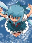  alternate_hairstyle blue_eyes blue_hair bow cirno flying from_above hair_bow ice ice_wings long_hair onikobe_rin pointy_ears smile touhou wings 