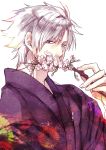  branch cherry_blossoms covering covering_face covering_mouth fate/zero fate_(series) flower grey_hair heterochromia japanese_clothes kimono male matou_kariya purple_eyes silver_hair solo violet_eyes white_background white_eyes xrjingx 