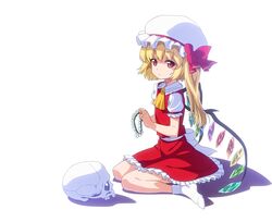  anime_coloring ascot blonde_hair bow dress flandre_scarlet flower footwear hat hat_bow looking_at_viewer okina_sai red_eyes short_hair side_ponytail simple_background sitting skull socks solo the_embodiment_of_scarlet_devil touhou wariza white_background white_legwear wings wreath 