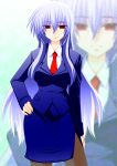  1girl alternate_costume blue_hair contemporary engo_(aquawatery) female formal hand_on_hip hips kamishirasawa_keine long_hair necktie pantyhose red_eyes side_slit skirt skirt_suit smile solo suit teacher touhou zoom_layer 