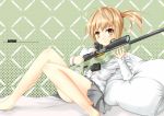  :o barefoot blush bolt_action brown_eyes brown_hair gun material_sniper off_shoulder open_clothes open_shirt original pillow rifle scope side_ponytail sniper_rifle solo weapon 