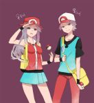  bag baseball_cap blue_(pokemon) brown_hair genderswap hat long_hair poke_ball pokemon pokemon_(game) pokemon_rgby purple_background red_(pokemon) red_(pokemon)_(remake) smile tribute 