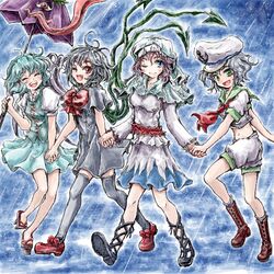  :d ;) ;d ^_^ anchor aqua_dress aqua_hair ascot asymmetrical_wings black_hair blue_eyes boots bow brown_eyes closed_eyes dress eyes_closed fang green_eyes hand_holding hat holding holding_hands houjuu_nue karakasa_obake kumoi_ichirin multiple_girls murasa_minamitsu nanashii_(soregasisan) navel open_mouth rain silver_hair smile tatara_kogasa thigh-highs thighhighs tongue touhou umbrella walking wings wink 