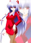  :o alternate_costume bow contemporary engo_(aquawatery) formal fujiwara_no_mokou hair_bow hair_ribbon hand_on_hip hips long_hair pantyhose red_eyes ribbon side_slit silver_hair skirt skirt_suit suit touhou very_long_hair zoom_layer 