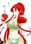  :d blue_eyes blush boxing_gloves braid breasts cleavage high_ponytail highres hong_meiling long_hair midriff musical_note niwatazumi no_hat no_headwear open_mouth ponytail red_hair redhead rough side_braid smile solo sports_bra touhou translated translation_request twin_braids very_long_hair white_background wink 