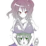  &gt;:) &gt;:o blush breast_envy breast_rest breasts breasts_on_head cleavage collarbone green_eyes kotaka large_breasts looking_at_viewer multiple_girls multiple_monochrome onozuka_komachi red_eyes rod_of_remorse shikieiki_yamaxanadu simple_background sketch smile touhou white_background 