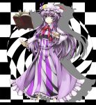  :&lt; blue_eyes book bow capelet checkered checkered_background crescent hair_ribbon hat hatsuka_(exsilver) letterboxed long_hair patchouli_knowledge pentagram purple_hair ribbon silhouette solo touhou 