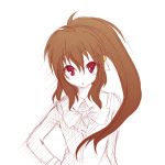  brown_hair hand_on_hip hips kotaka little_busters!! looking_at_viewer monochrome natsume_rin red_eyes sketch solo spot_color 