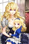  apron blonde_hair breasts child cleavage clenched_hand clenched_hands cocoon_(loveririn) dress earrings empress_pacifica expressionless frills gloves hairband jewelry linia_pacifica long_hair lowres mother_and_daughter multiple_girls necklace open_mouth red_eyes ribbon sitting sitting_on_lap sitting_on_person smile sword_girls wavy_hair window young 
