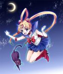  bishoujo_senshi_sailor_moon blonde_hair blue_eyes boots cat choker circlet double_bun earrings gloves happy jewelry jumping long_hair luna_(sailor_moon) magical_girl miniskirt moon nakagawa_besu night pleated_skirt red_eyes red_shoes sailor_moon shoes skirt smile tsukino_usagi twintails very_long_hair whiskers 