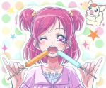  coco_(precure_5) hoshizora_miyuki mahkn open_mouth pink_eyes pink_hair popsicle precure smile_precure! tongue two_side_up wink yes!_precure_5 yumehara_nozomi 