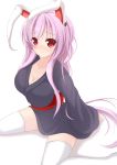  alternate_costume animal_ears bad_id breasts bunny_ears chimunge cleavage highres japanese_clothes kimono large_breasts lavender_hair long_hair red_eyes reisen_udongein_inaba sitting solo thigh-highs thighhighs touhou very_long_hair wariza 