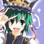  \m/ blush green_hair hat kotaka looking_at_viewer macross macross_frontier no_nose open_mouth parody pose ribbon seikan_hikou shikieiki_yamaxanadu solo touhou 