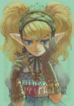  1girl blonde_hair blue_eyes earrings gloves gothic_lolita grasshopper hand_on_own_face jewelry lolita_fashion necklace nintendo penta5 pointy_ears the_legend_of_zelda translated twilight_princess twintails 