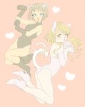  animal_ears blonde_hair boots brown_eyes cat_ears cat_tail elbow_gloves fangs flat_color gloves green_eyes heart high_heels huang_baoling karina_lyle kemonomimi_mode leotard long_hair multiple_girls pale_color paw_pose shoes short_hair simple_background slit_pupils suho-i47 tail tiger_&amp;_bunny yellow_eyes 