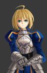  ahoge armor armored_dress blonde_hair breastplate dress excalibur fate/stay_night fate_(series) gauntlets green_eyes hair_ribbon hands_on_hilt highres ribbon saber shinn0512 simple_background solo 