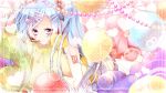  bad_id balloon blue_eyes blue_hair hair_ornament hairclip hatsune_miku headset highres long_hair musical_note on_stomach sakuragi_ren scrunchie solo twintails vocaloid 