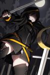  belt black_hair black_legwear boots clenched_teeth full_moon holding hood jacket lena_(zoal) long_hair lowres moon night outdoors shaded_eyes shaded_face smile solo sword sword_girls thigh-highs thighhighs weapon 