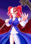  adapted_costume asamura_hiori black_sclera bleach blush breasts cleavage hair_bobbles hair_ornament highres hollow large_breasts mask navel onozuka_komachi parody red_hair redhead scythe short_twintails skirt solo swastika touhou twintails two_side_up yellow_eyes 