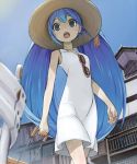  bad_id blue_hair domo1220 dress dutch_angle from_below guard_rail hat hatsune_miku house jpeg_artifacts long_hair lowres open_mouth sky solo sun_hat sunglasses twintails very_long_hair vocaloid yamaaaa 