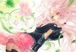  ass blue_eyes braid flower from_behind ia_(vocaloid) long_hair looking_at_viewer looking_back off_shoulder open_mouth pink_hair pleated_skirt skirt solo thigh-highs thighhighs twin_braids very_long_hair vocaloid wind yamakawa_(sato) zettai_ryouiki 