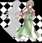  braid checkered checkered_background chinese_clothes hair_ribbon hat hatsuka_(exsilver) hong_meiling long_hair red_eyes red_hair redhead ribbon silhouette solo star touhou twin_braids 